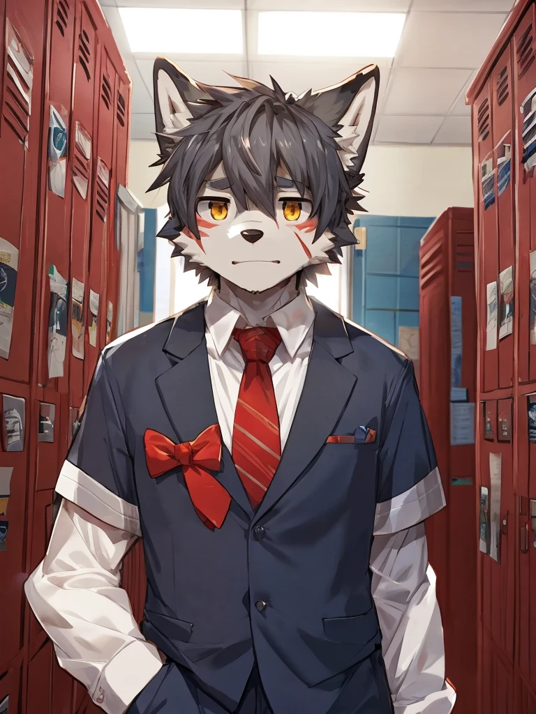 embedding:Gray wolf,Golden Eyes，Single Person,a scar on the face.Gray fur，High school students,male school uniform,Scratch head,Standing by the school locker,Nervous,Male.Thin,Handsome,Smart,Nervous,Best quality hands, best quality eye，detailed fur，Delicate eyes.Extreme picture quality，by sollyz,by zixiong,by milkytiger1145