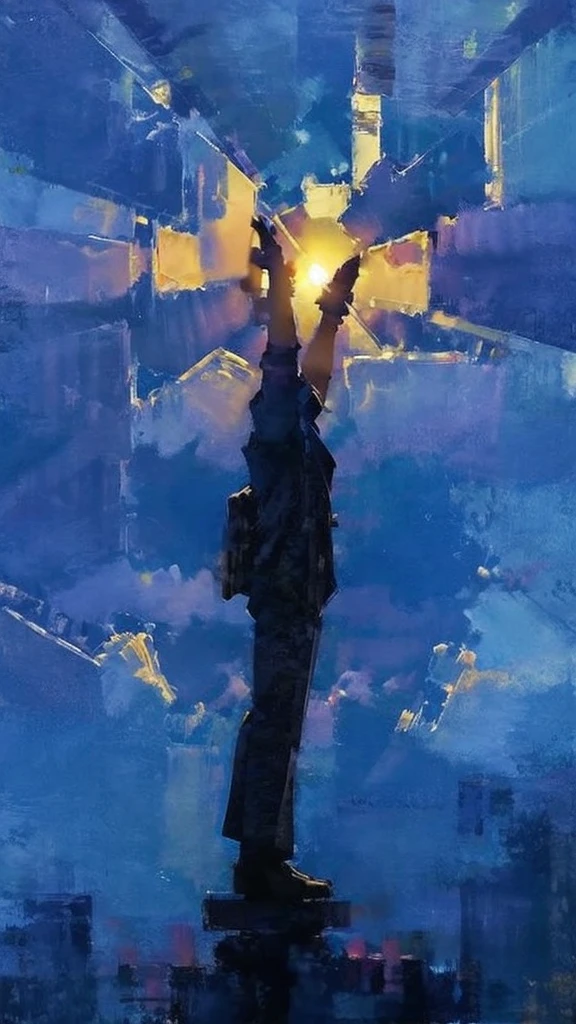 A hand that catches the silhouette of a man levitating in the air