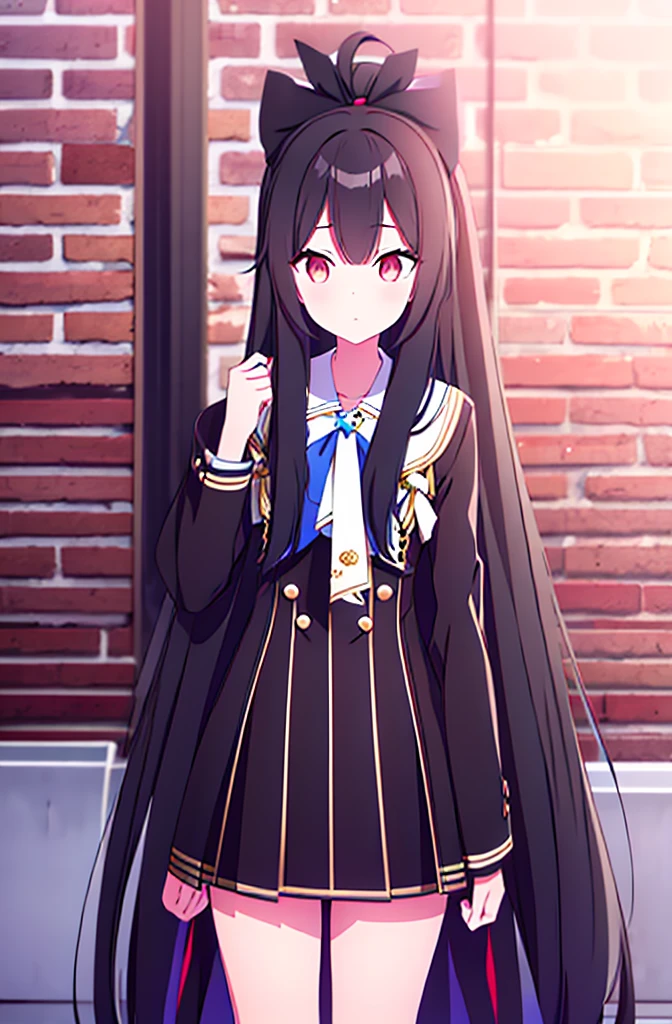 hair length about 5 meters girl long_hair black_hair tall black_uniform highschool 1girl high ponytail super long hair long hair