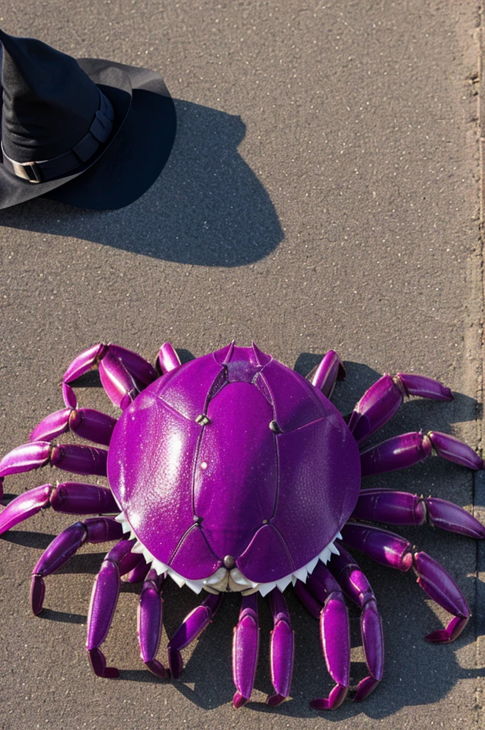 A purple crab with fake nails and a witch hat 