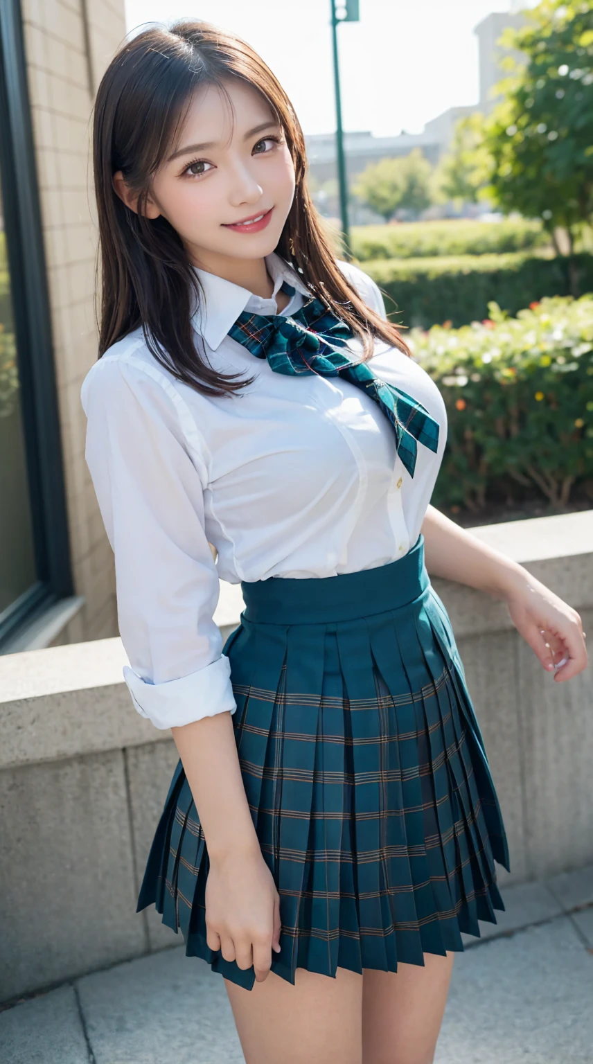 highest quality、8k、best image quality、Award-winning work), two beautiful women、1 lady, radiant beautiful skin , masterpiece、top-quality、The ultra -The high-definition、depth of fields、lens flare ,、brown hair, large breasts, watching at viewers glares, large breasts ,perfect legs, model pose, view from below, smiling , cleavage,
(School uniform, , teal micro mini Pleated tartan skirt:1.3)