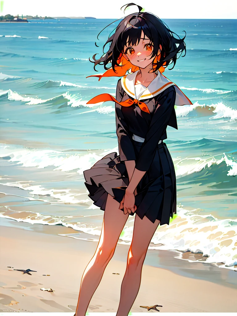 Highest quality,One girl, Shortcuts,masterpiece, High resolution, Anatomically correct, Orange eyes,far and near method, Anime Style, Black Hair, Feet out of frame, Sailor suit,Pleated skirt,Beach in the early morning, Sunburn,Slanted Eyes, Are crying, Smiling face, 