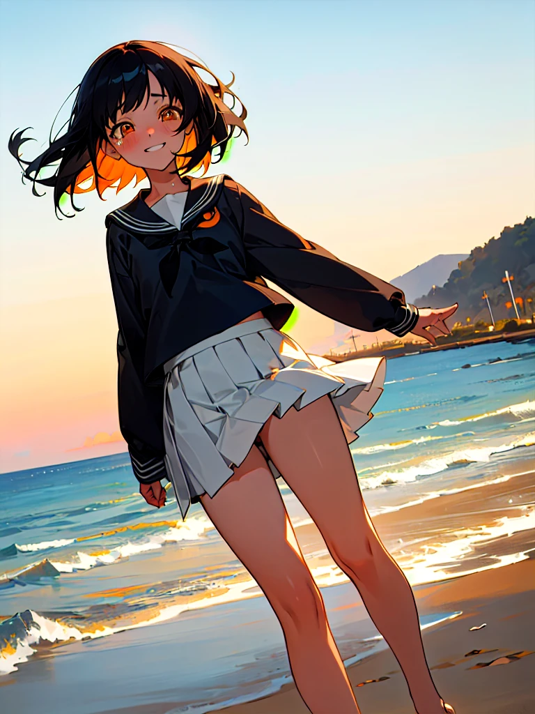 Highest quality,One girl, Shortcuts,masterpiece, High resolution, Anatomically correct, Orange eyes,far and near method, Anime Style, Black Hair, Feet out of frame, Sailor suit,Pleated skirt,Beach in the early morning, Sunburn,Slanted Eyes, Are crying, Smiling face, 