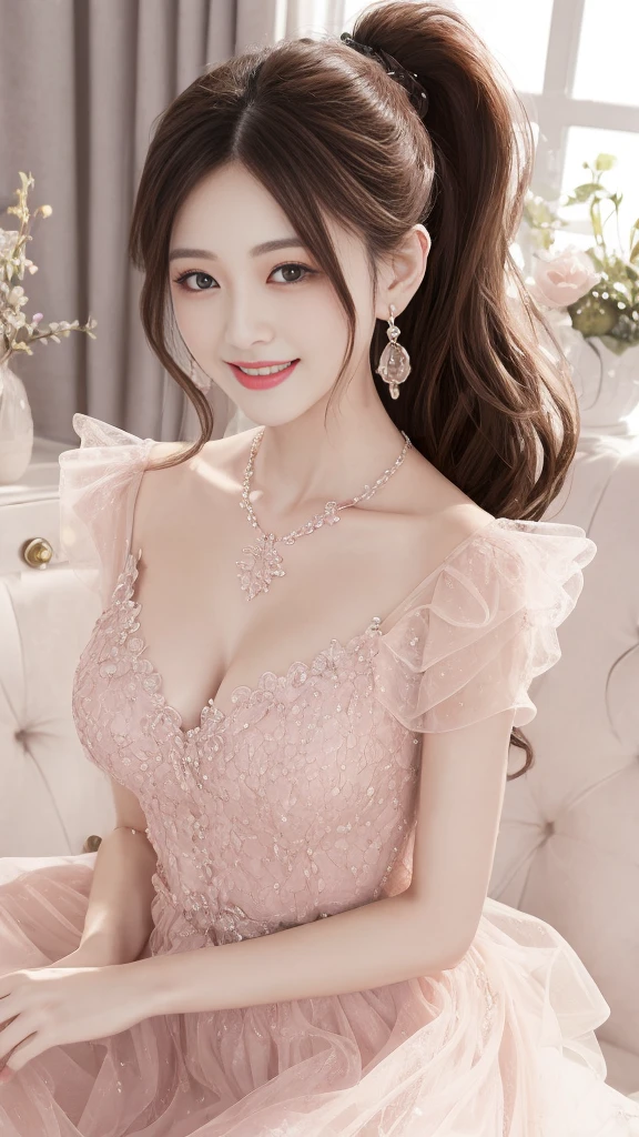 Fine details, high resolution, high quality、Perfect dynamic composition, Beautiful and delicate eyes, Double ponytail hairstyle, Beautiful breasts 、Natural lipstick, Face,Kamiaki、1 girl、clear translucent skin、Shiny hair、Pink luxury clothes、Fluffy skirt、Delicate lace、Complex dress、Exquisite hair accessories、Intricate earrings、Complex necklaces、a smile