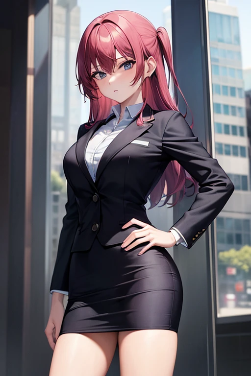 ((masterpiece, best quality)), highres, business woman, business suit, black midi pencil skirt, medium length skirt, pink dress shirt, (purple hair), office building, hand on hip