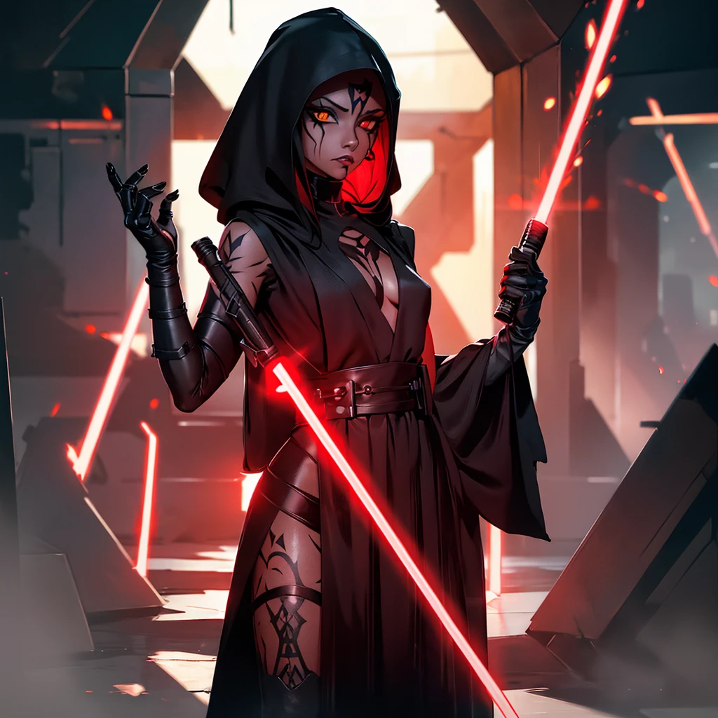 The girl is a Sith lord. She is wearing a black top and underpants. her skin is covered with black tattoos. She has red-yellow eyes. She holds a red lightsaber in each hand.