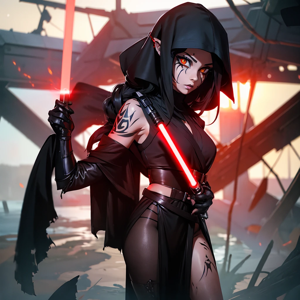 The girl is a Sith lord. She is wearing a black top and underpants. her skin is covered with black tattoos. She has red-yellow eyes. She holds a red lightsaber in each hand.