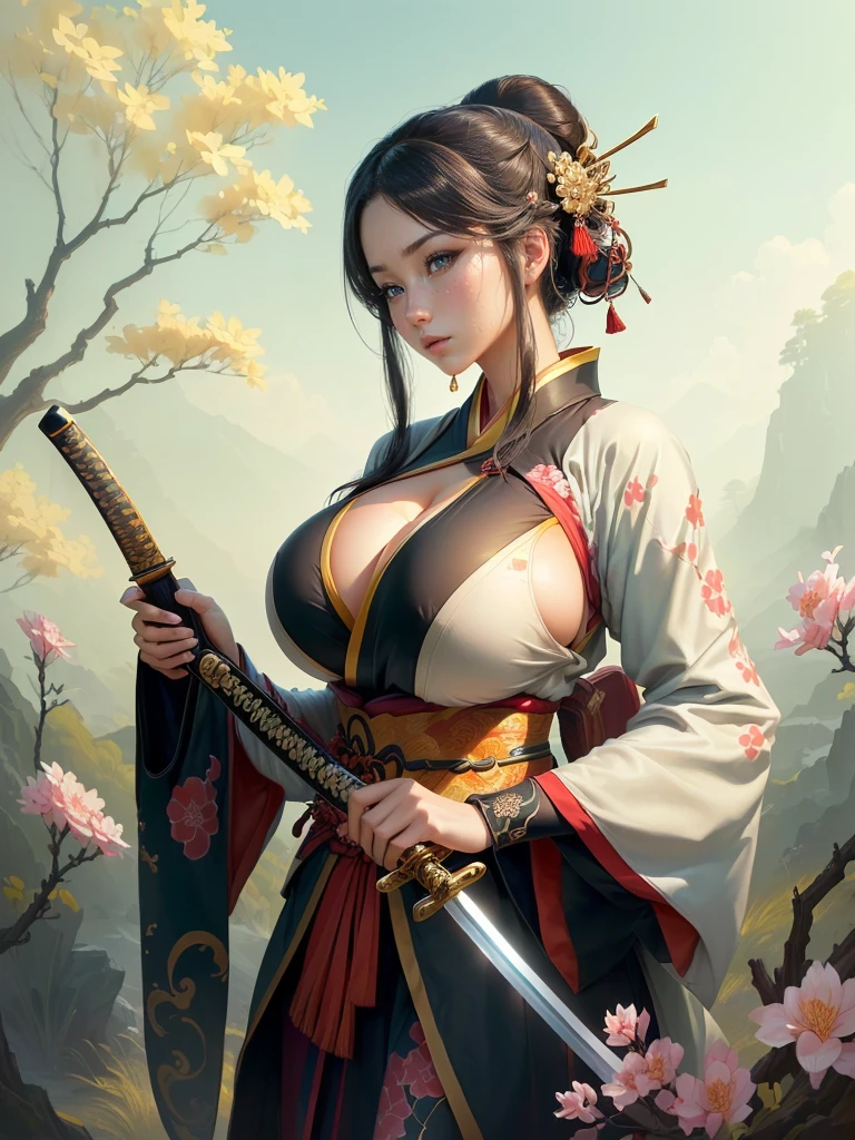 arafed image of a woman in a kimono with a sword, inspired by Li Mei-shu, she is holding a katana sword, inspired by Cao Zhibai, inspired by Ju Lian, inspired by Guan Daosheng, inspired by Wu Zuoren, inspired by Zhao Yuan, inspired by Zhao Mengfu, beautiful character painting, Highly detailed CG unit 8k wallpaper, masterpiece, High resolution, highest quality, highest quality real texture skin, Super Real, Digital Painting, Best image quality, 最High resolution, 8k, ((Highly detailed eyes and face, Beautiful eyes every detail)), Big Breasts, Cleavage, profile, dark persona, (((Saggy breasts, Gravity-dependent breasts, long chest, Heavy chest, ))), ((disproportionate breasts, huge breasts, sagging breasts, gigantic breasts, erect nipple,)), 