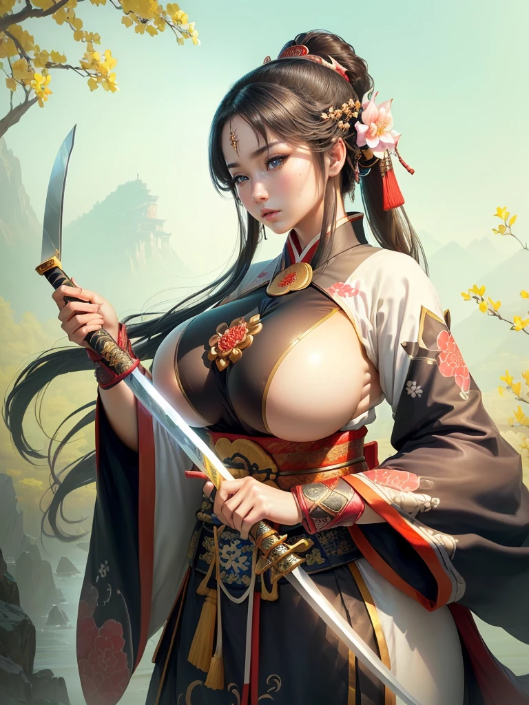 arafed image of a woman in a kimono with a sword, inspired by Li Mei-shu, she is holding a katana sword, inspired by Cao Zhibai, inspired by Ju Lian, inspired by Guan Daosheng, inspired by Wu Zuoren, inspired by Zhao Yuan, inspired by Zhao Mengfu, beautiful character painting, Highly detailed CG unit 8k wallpaper, masterpiece, High resolution, highest quality, highest quality real texture skin, Super Real, Digital Painting, Best image quality, 最High resolution, 8k, ((Highly detailed eyes and face, Beautiful eyes every detail)), Big Breasts, Cleavage, profile, dark persona, (((Saggy breasts, Gravity-dependent breasts, long chest, Heavy chest, ))), ((disproportionate breasts, huge breasts, sagging breasts, gigantic breasts, erect nipple,)),