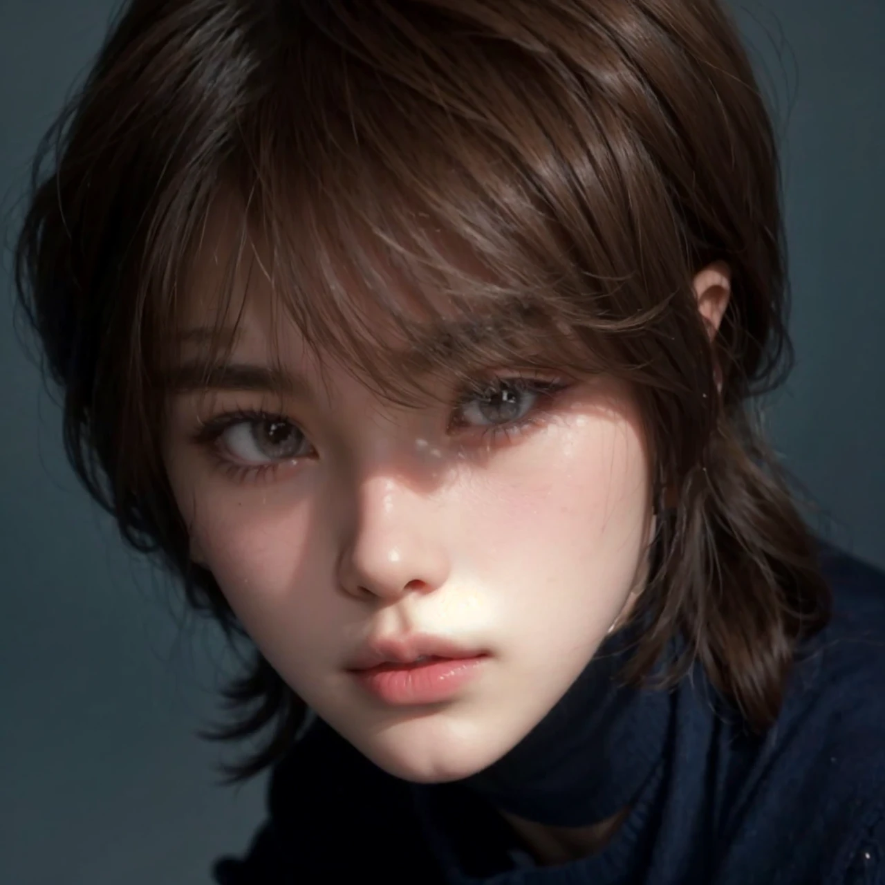 ai realistic style, choi beomgyu, boy, feminine, soft features, soft eyebrows, thin eyebrows, innocent eyes, beautiful face and eyes, like digital drawing realistic, pretty, cute, asian, nose highlight, juicy lips, glass skin, bj doll, pretty boy, brown eyes, ethereal, same features as photo, nose highlight, glass skin, looking away, not looking directly, soft hair, pretty hair, shiny hair, delicate hair, wavy hair, brown hair, cute hair, juicy lips, brown hair, thin neck, doe eyes, almond eyes