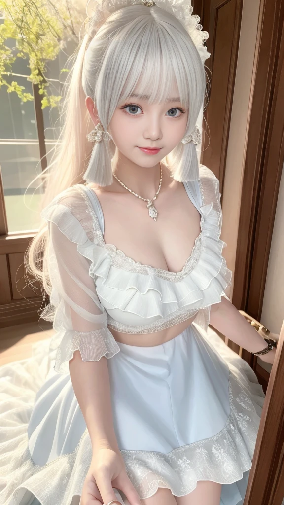 Fine details, high resolution, high quality、Perfect dynamic composition, Beautiful and delicate eyes, Double ponytail hairstyle, Beautiful breasts 、Natural lipstick, Face,Kamiaki、1 girl、clear translucent skin、Shiny hair、（Light blue luxury clothes）、Fluffy skirt、Delicate lace、Complex dress、Exquisite hair accessories、Intricate earrings、Complex necklaces、a smile、