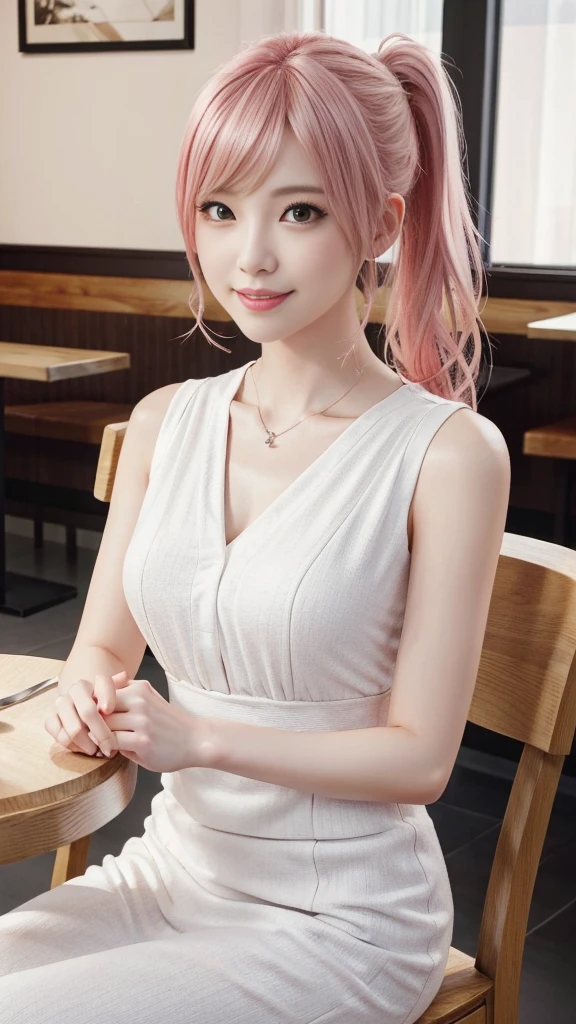 A woman with pink hair and a white dress, Anime realism style, Unreal 5. RPG Portrait, cgsociety portrait, Realistic art style, Smooth anime CG art, Photorealistic Anime Girl Rendering, Realistic anime 3D style, Loss Draw 1. 0, Realistic 3D animation, ArtJam ; 3d unreal engine, Realistic anime art style，The background is the interior of a restaurant，There is a steak dinner on the table、Have a knife and fork、The best smile、Side Ponytail、