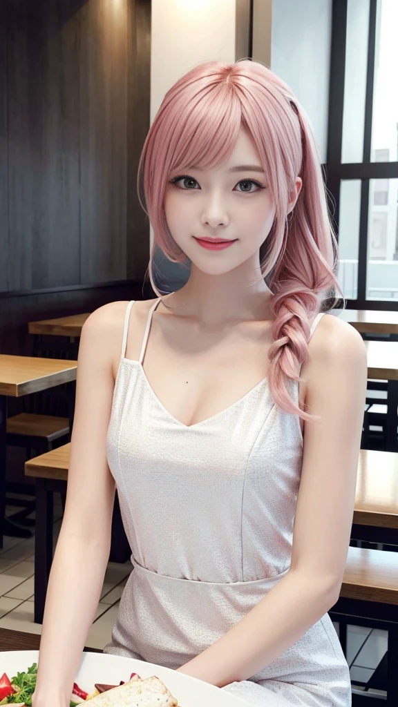 A woman with pink hair and a white dress, Anime realism style, Unreal 5. RPG Portrait, cgsociety portrait, Realistic art style, Smooth anime CG art, Photorealistic Anime Girl Rendering, Realistic anime 3D style, Loss Draw 1. 0, Realistic 3D animation, ArtJam ; 3d unreal engine, Realistic anime art style,The background is the interior of a restaurant,There is a steak dinner on the table、Have a knife and fork、The best smile、Side Ponytail、