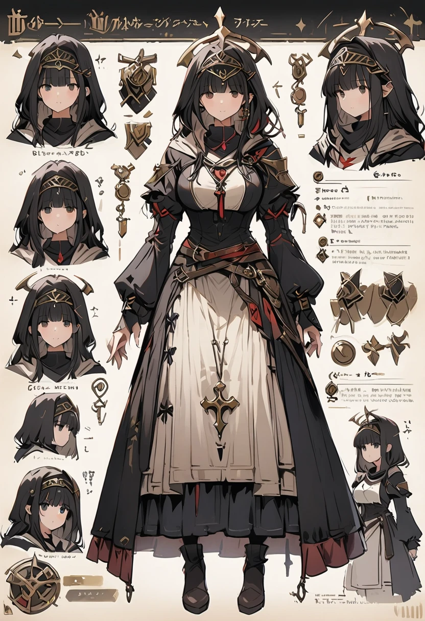 Framed Presentation of a mage, woman character design sheet, with detailed accessories, shoes, medieval equipament, swords, full body, perfect, ((masterpiece))