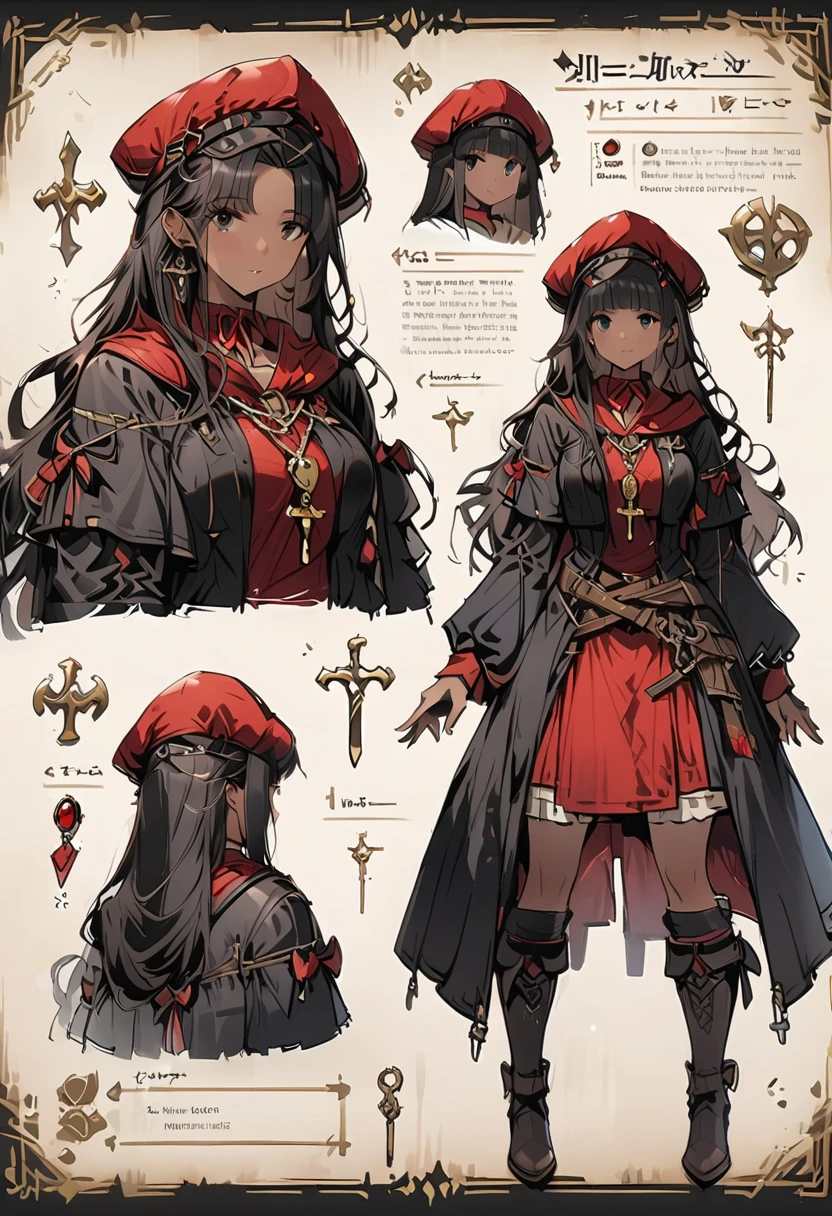 Framed Presentation of a mage, woman character design sheet, with detailed accessories, shoes, medieval equipament, swords, full body, perfect, ((masterpiece))