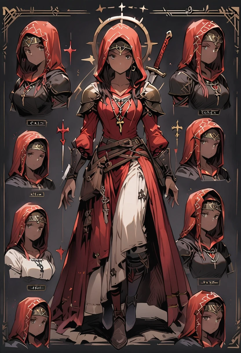 Framed Presentation of a mage, woman character design sheet, with detailed accessories, shoes, medieval equipament, swords, full body, perfect, ((masterpiece))