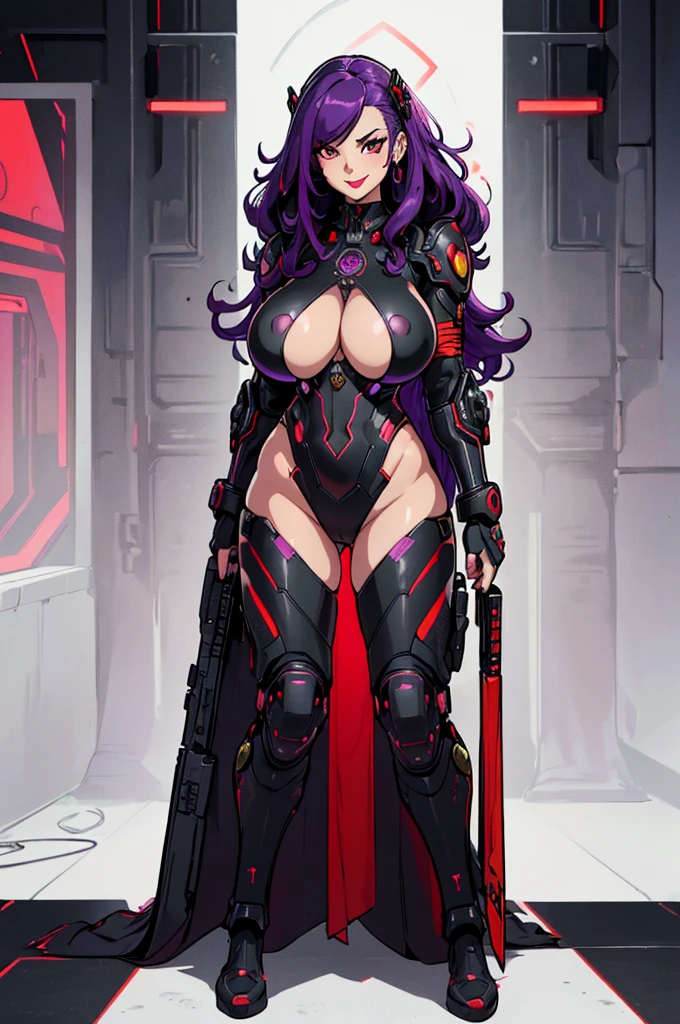 (masterpiece, best quality, high resolution, ((huge breasts)) a beautiful woman, very long light purple cyberpunk style hair, purple eyes, red lips, dark blue cyberpunk style clothing, neckline, earrings, choker, sensual posture,( white background, stickers Redmond), ((full body standing)),
