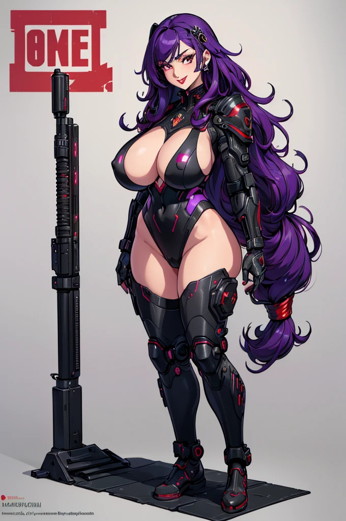 (masterpiece, best quality, high resolution,((huge breasts))1 beautiful woman, very long curly purple hair, red lips, full body cyberpunk style black military armor, cazco black military cyberpunk style, smile, (white background, stickers . Redmond), ((full body standing)),
