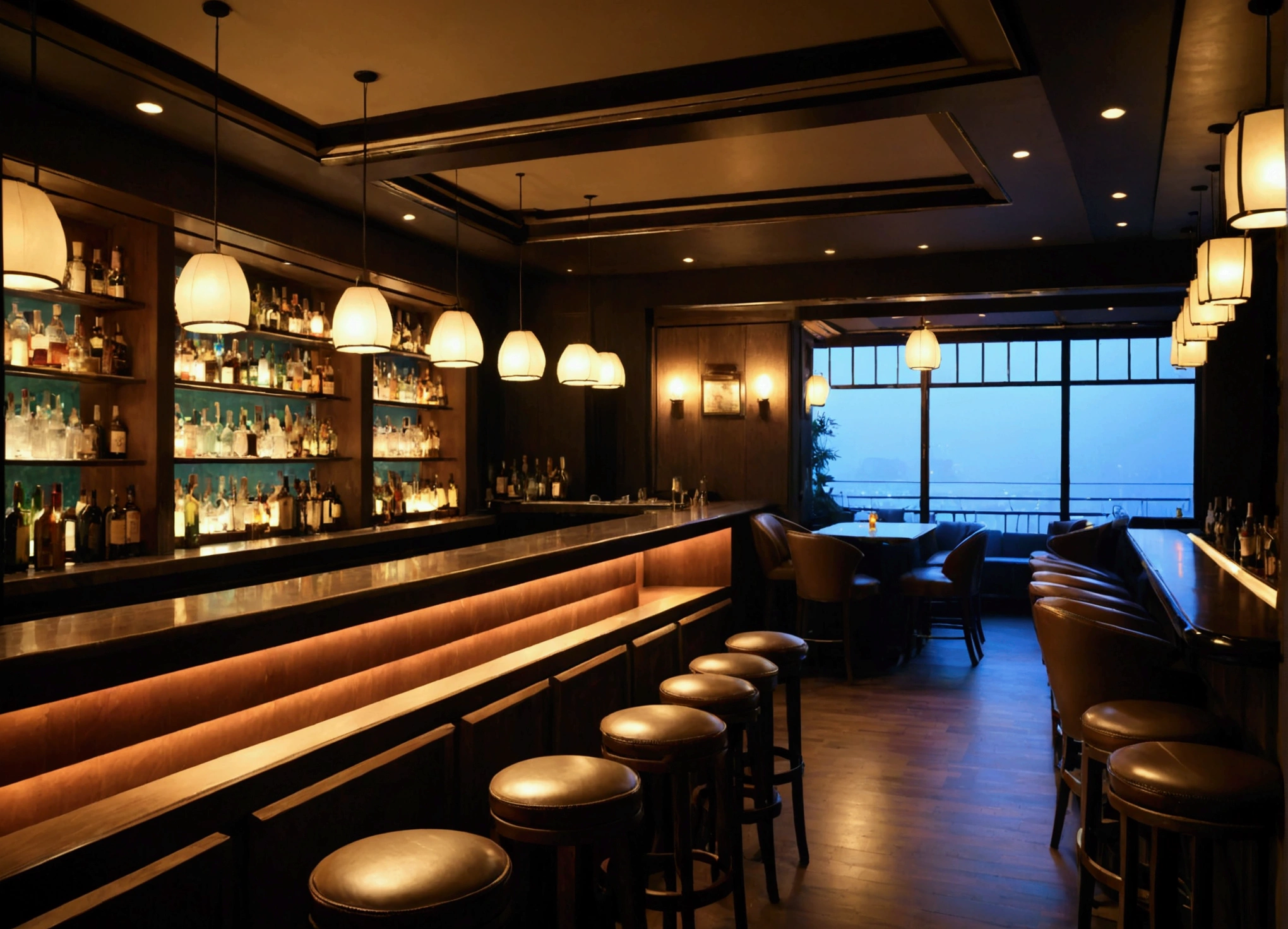 A luxurious and quiet bar scene、Nobody、Dimly lit room