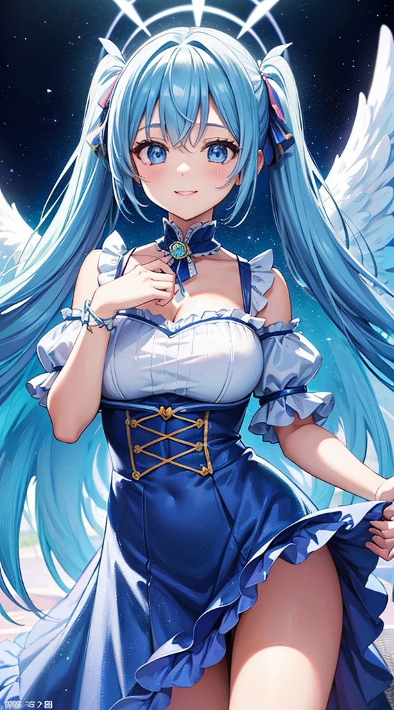 ((masterpiece, sidelighting, finely detailed beautiful eyes: 1.2)), ultra-detailed, ultra high res, professional lighting, beautiful blue sky,  high quality makeup, beautiful detailed eyes, sexy, beautiful, big eyes, (drooping eye:1.3), (seraph), solo, alone, slender body, (Circle of Angels:1.2), (Angel Wings:1.3), (Floating in the sky:1.4), blue sapphire eyes, wide sleeves, outdoors, highest quality, ultra detailed, Soft light,  (rime:1.3), Extremely cute, (extremely detailed beautiful face), Authentic skin texture, beautiful hair, beautiful face, beautiful eyes, beautiful body, beautiful hands, (grin smile:1.6), (face focus, cleavage breasts focus, thigh focus:1.4)