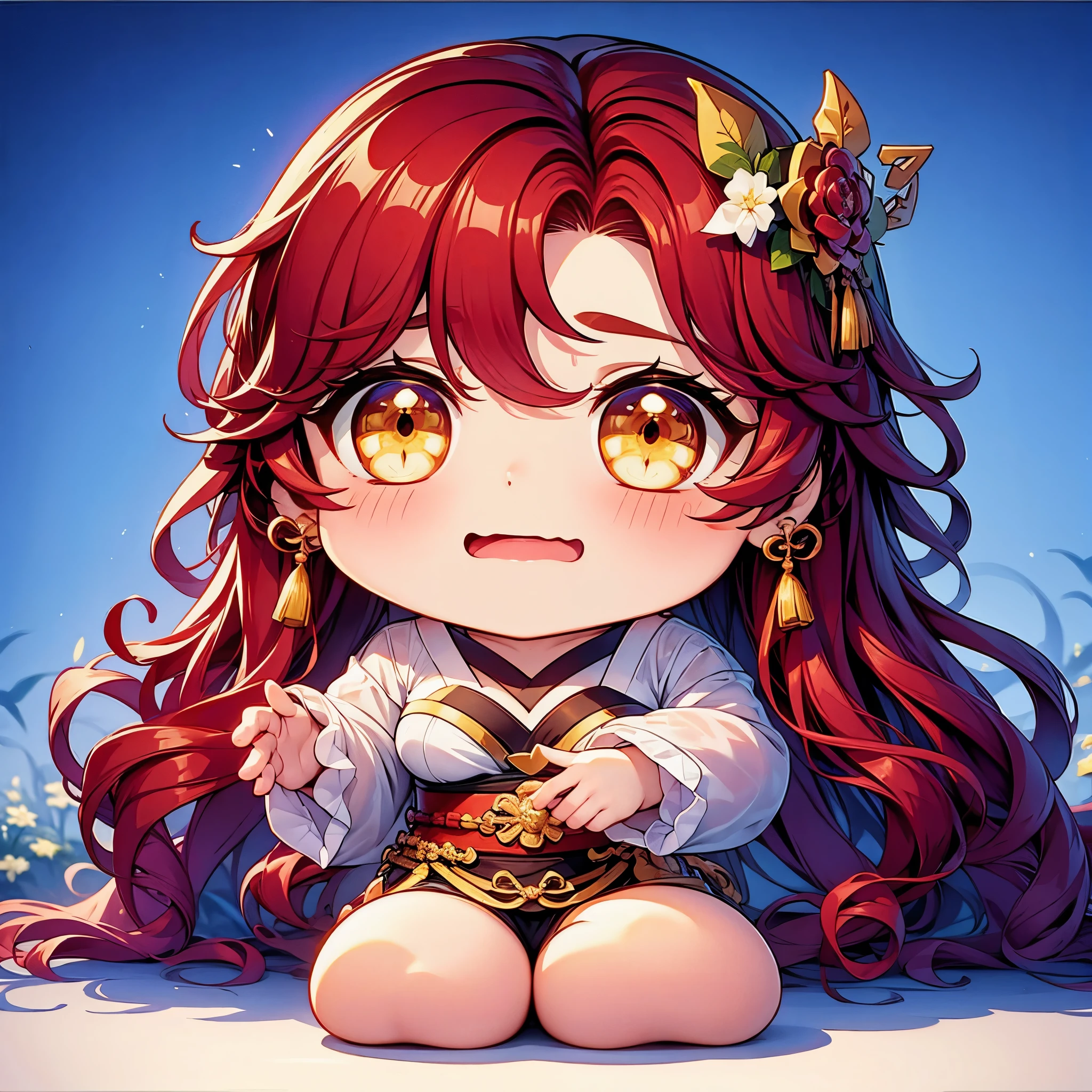 Chibi character pixel art, ((xian mei)), 1 girl, long red hair, standing, Chibi style, shapely breasts, high quality pixel art, Gege Akutami, photography, beautiful, colorful, realistic, masterpieces, top quality, best quality, official art, beautiful and aesthetic, hanfu, perfect anatomy, mini solo chibi, cry, flushed face teary eyes,