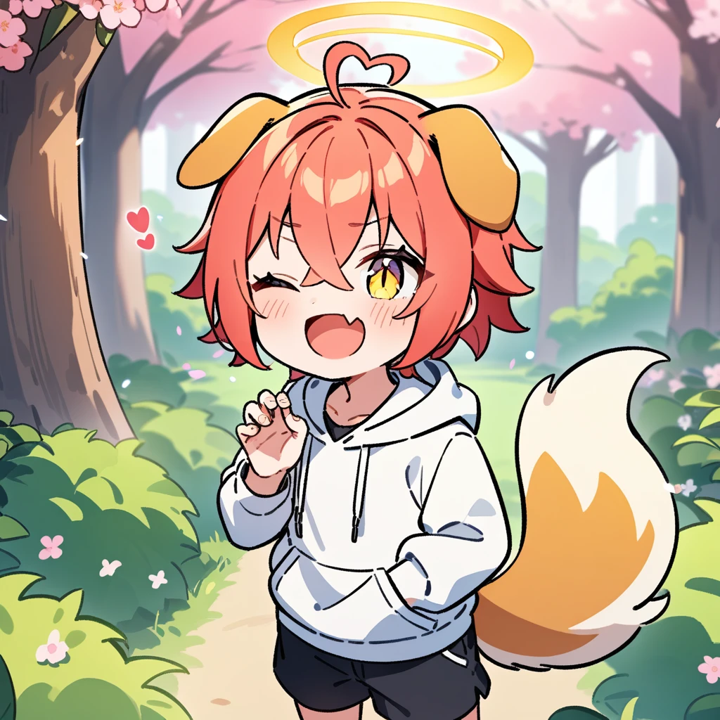 (masterpiece:1.2,high quality),4K,High resolution,A seven-year-old boy,cute boy, light red hair,short hair,crossed bangs,light yellow eyes,slit pupils,one eye closed,heart ahoge,yellow halo,dog ears,laughing,skin fang,Wearing a white hoodie,Black shorts,Stand in the forest,There are flowering trees on both sides.,primary school student,thigh,alone,dog tail,(Put your hands in your pockets),((Put your hands in your pockets))