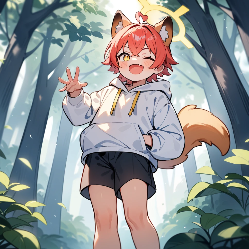(masterpiece:1.2,high quality),4K,High resolution,A seven-year-old boy,cute boy, light red hair,short hair,crossed bangs,light yellow eyes,slit pupils,one eye closed,heart ahoge,yellow halo,dog ears,laughing,skin fang,Wearing a white hoodie,Black shorts,Stand in the forest,There are flowering trees on both sides.,primary school student,thigh,alone,dog tail,(Put your hands in your pockets),((Put your hands in your pockets))