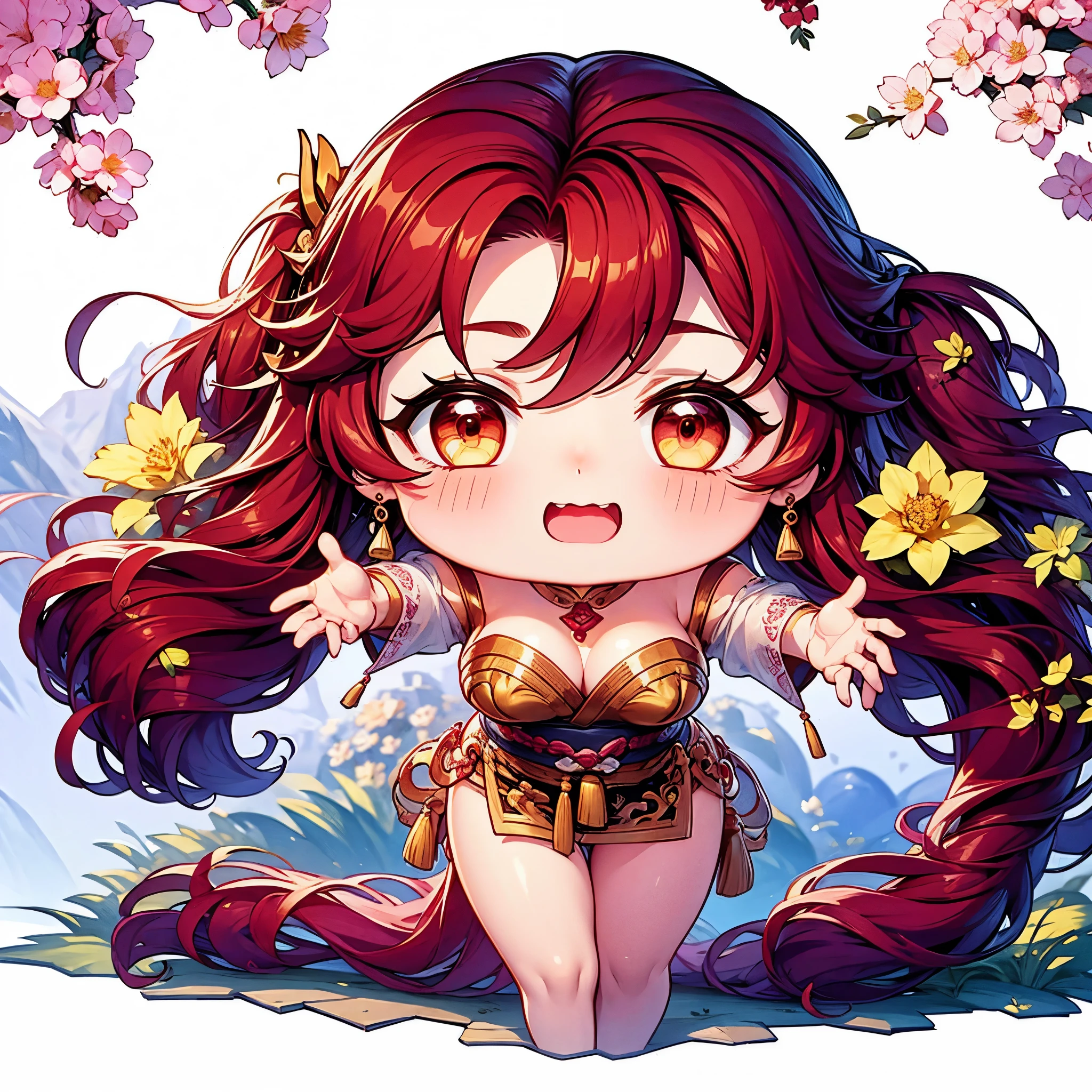Chibi character pixel art, ((xian mei)), 1 girl, long red hair, standing, Chibi style, shapely breasts, high quality pixel art, Gege Akutami, photography, beautiful, colorful, realistic, masterpieces, top quality, best quality, official art, beautiful and aesthetic, hanfu, perfect anatomy, mini solo chibi, cry, flushed face teary eyes,