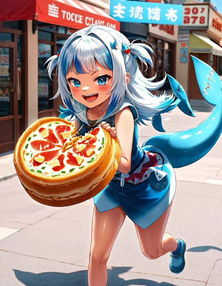 Punching Giant, teeth, alone, tail, sharp teeth, shark tail, Shark Girl, Food, View your viewers, Foodie, smile, blush, Open your mouth,  hair ornaments, Walking around town during the day,  Blue Claws,