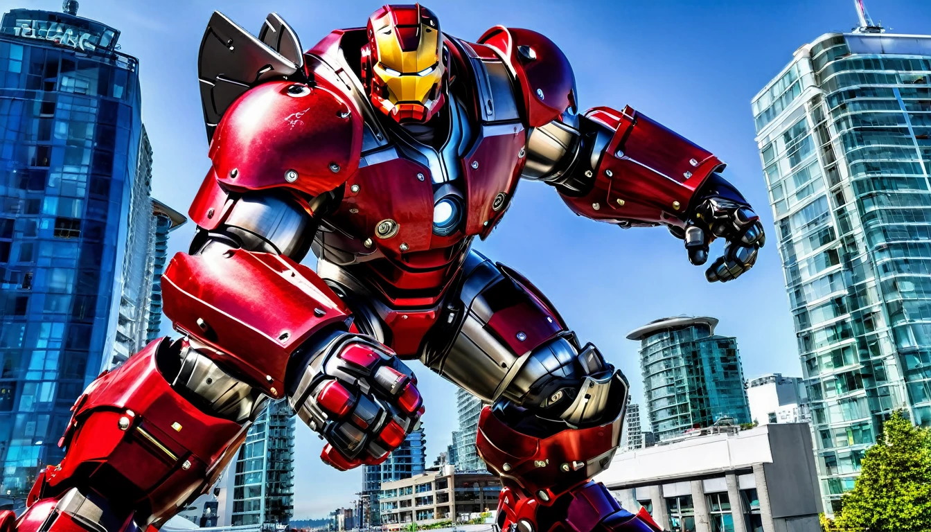 Hulkbuster-like mech, Vancouver, high-quality artwork, anime style, cityscape background, heroic pose, dramatic shadows, carbon fibre paint job with red side highlights, repulser cannons on wrists, dynamic motion, hockey goalie faceplate, hockey goalie visor, grey visor covering face, epic superhero