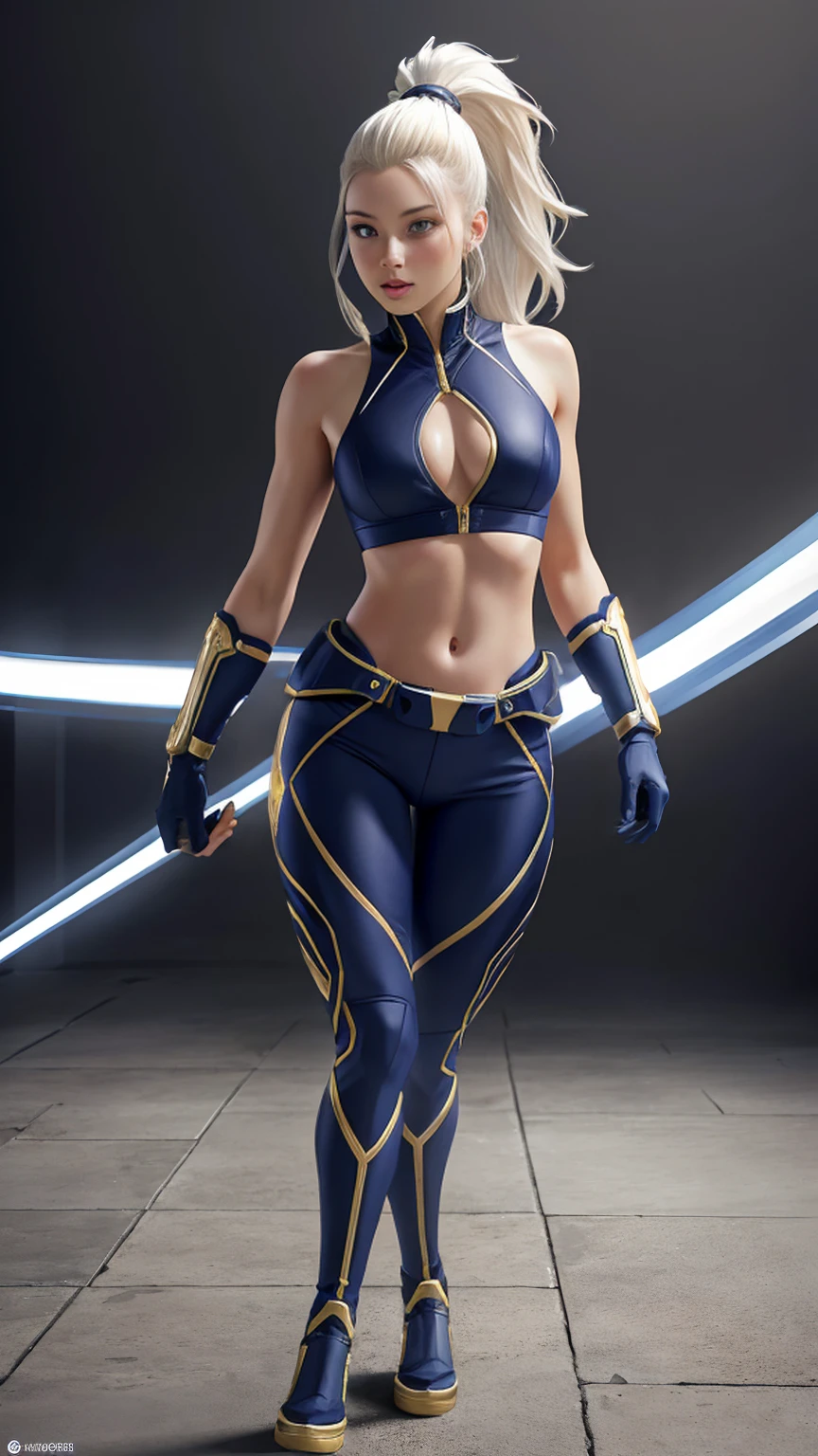 (((full body photo))), ((full body photo, standing, feet on the floor)) flats for women, (masterpiece, 4k resolution, ultra-realistic, very detailed) beautiful sexy superheroine , has LAVA powers, white hair with a ponytail, belly back with gold contours, has black gloves with fur on the wrist, model pose on the catwalk, facing the camera, wears tight black pants, with a blue belt, Full body blue lines in realism style, glowing skin, natural lighting, defined full lips. fitness female body, in realism style, glowing skin, natural lighting, defined full lips. Feminine body,