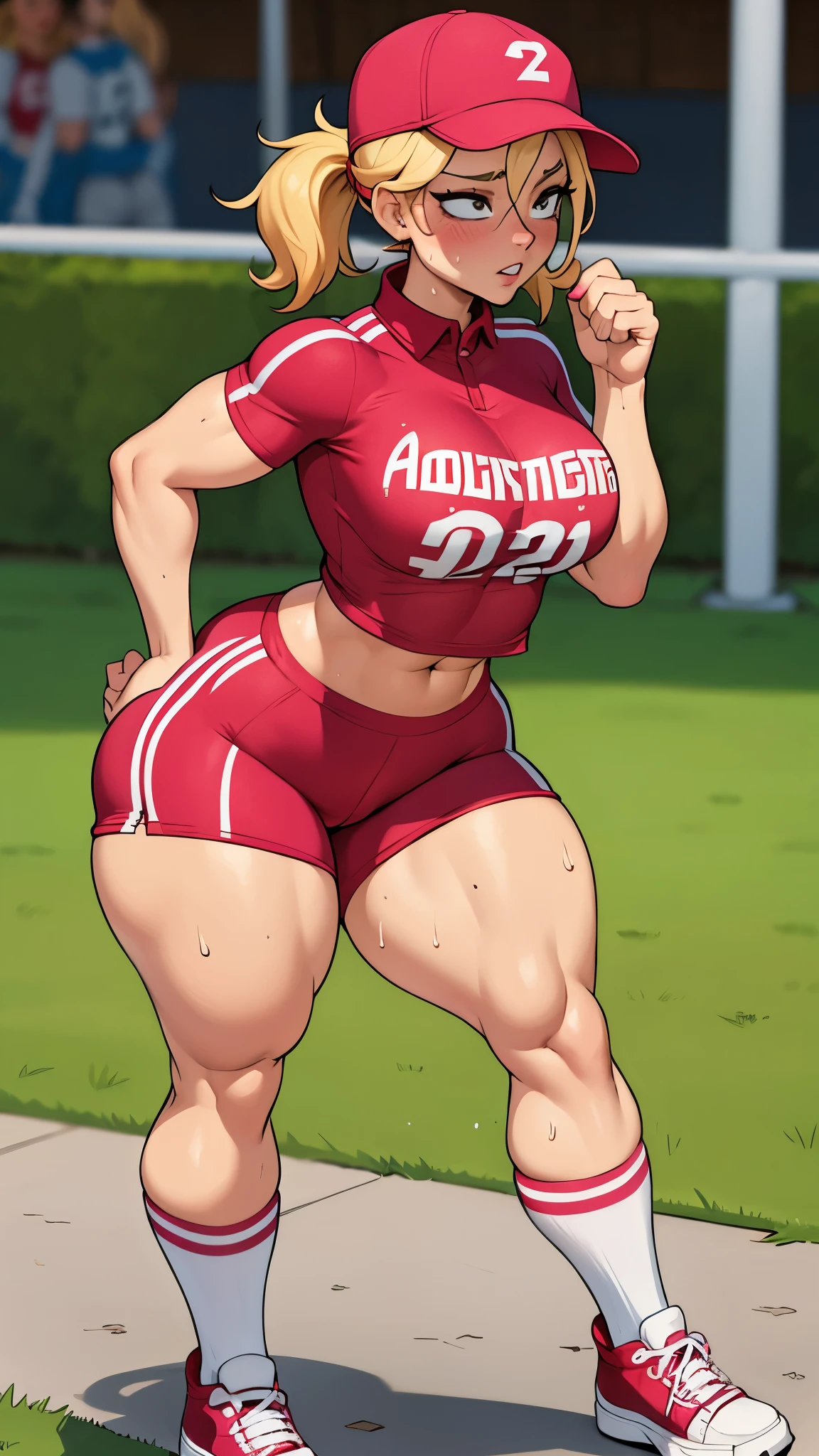 Athletic and curvy milf, muscle, cap, blond hair, sports top, red sports shorts, tiny shorts, parts, pink skin, sunburn, knee high socks, sneakers, sweating, clothes wet with sweat