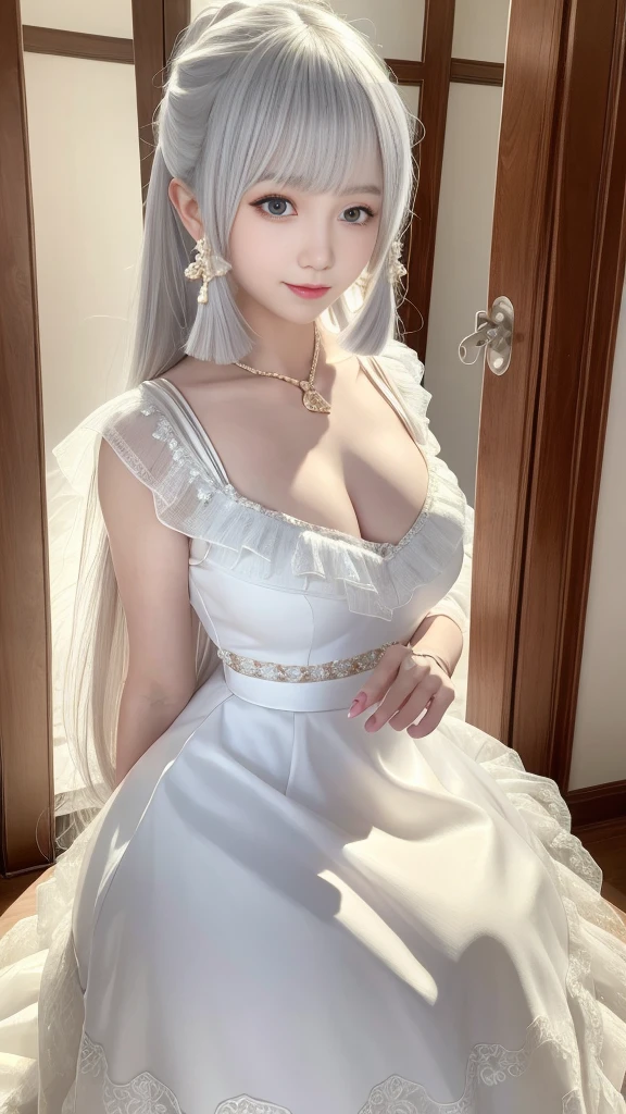 Fine details, high resolution, high quality、Perfect dynamic composition, Beautiful and delicate eyes, Double ponytail hairstyle, Beautiful breasts 、Natural lipstick, Face,Kamiaki、1 girl、clear translucent skin、Shiny hair、(Light blue luxury clothes)、Fluffy skirt、Delicate lace、Complex dress、Exquisite hair accessories、Intricate earrings、Complex necklaces、a smile、