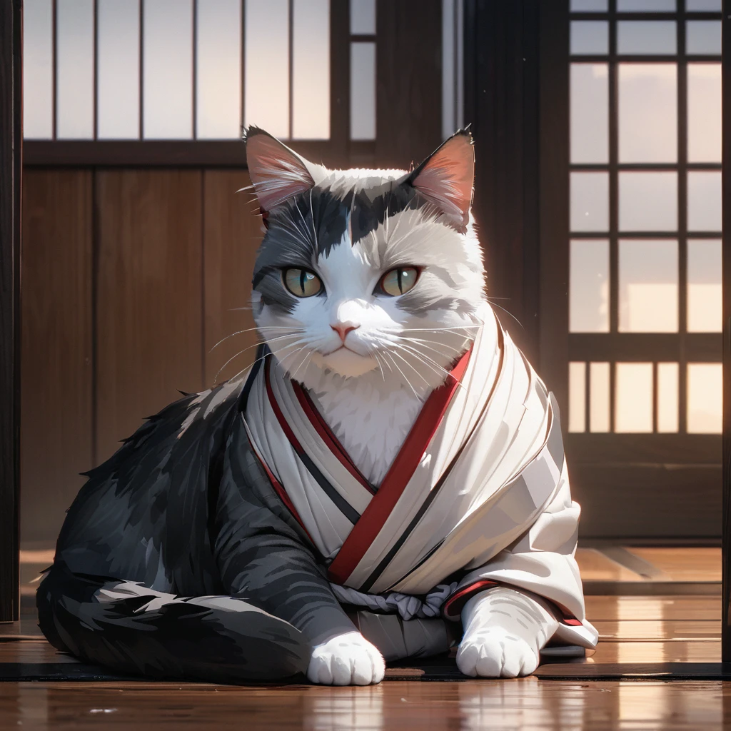 A four silver black and white cat wearing a white kimono with black details, wearing a white sash with the Japanese flag, well detailed fur, sitting on the wooden floor of a traditional Japanese house.,,(solo cat) ,UHD , prime work , accurate , anatomically correct , textured skin , super details , high quality , best quality, 8k, high resolution, bokeh effect, close view.
