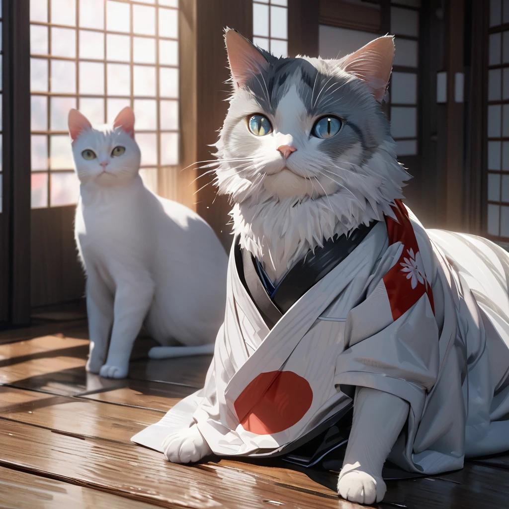 A four silver black and white cat wearing a white kimono with black details, wearing a white sash with the Japanese flag, well detailed fur, sitting on the wooden floor of a traditional Japanese house.,,(solo cat) ,UHD , prime work , accurate , anatomically correct , textured skin , super details , high quality , best quality, 8k, high resolution, bokeh effect, close view.
