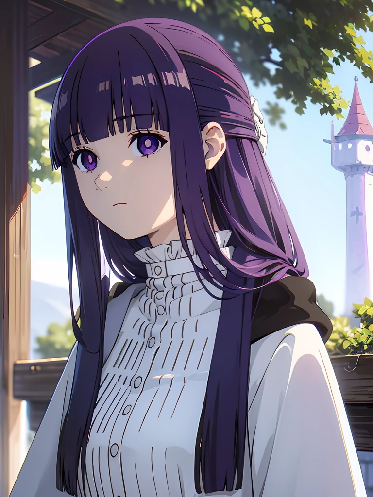 ((masterpiece)),(best quality),official art,extremely delicate and beautiful,extremely detailed CG,unity 8k wallpaper,ultra detailed,beautiful detailed eyes,extremely detailed face,outdoors,1girl,solo,upper body,(portrait:1.5),looking at viewer,facing viewer,expressionless,long hair,purple hair,straight hair,half updo,hime cut,sidelocks,blunt bangs,purple eyes,bright pupils,white pupils,hooded robe,hood down,black robe,white shirt,frills,buttons,long sleeves,medium breasts,long skirt,white skirt,black boots,