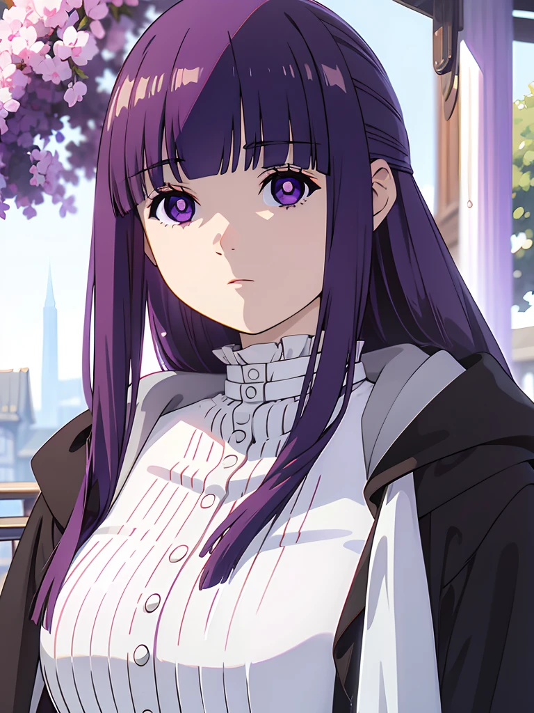 ((masterpiece)),(best quality),official art,extremely delicate and beautiful,extremely detailed CG,unity 8k wallpaper,ultra detailed,beautiful detailed eyes,extremely detailed face,outdoors,1girl,solo,upper body,(portrait:1.5),looking at viewer,facing viewer,expressionless,long hair,purple hair,straight hair,half updo,hime cut,sidelocks,blunt bangs,purple eyes,bright pupils,white pupils,hooded robe,hood down,black robe,white shirt,frills,buttons,long sleeves,medium breasts,long skirt,white skirt,black boots,