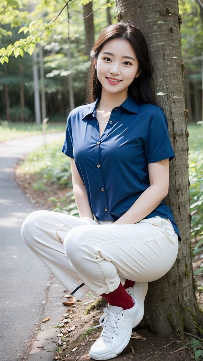 masterpiece, best quality, Surreal, Ultra Detailed, 8k resolution, RAW photos, Clear focus, (A girl in the forest), ((navy blue shirt:1.1)), Short sleeve, Long sweatpants,Full body posture, Solitary, Perfect body, Become a, 36 inches in the chest,(a charming smile:1), (sexy pose)，26 years old, light,White shoes,Selfie,
