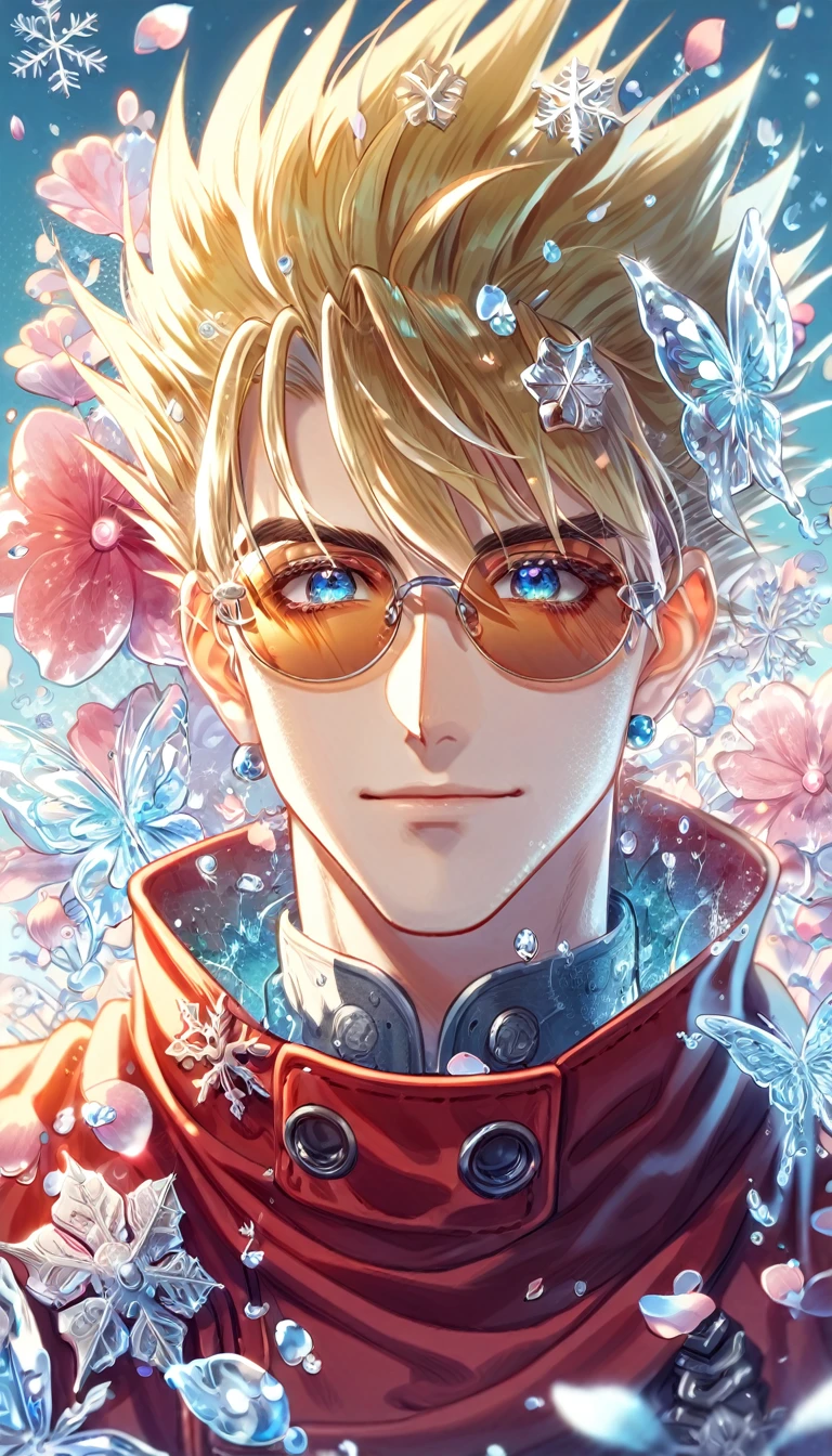 Ultra detailed, HDR, Highres, absurdres, master piece, Vash Stampede, blonde spiked hair, expressive blue eyes, amber round sunglasses, red trench coat, Trigun, handsome, ice glittering butterflies, ice, petals, ice pink glass flowers, glittering, fantasy, magical, snowflakes, cold, handsome smile, solo,