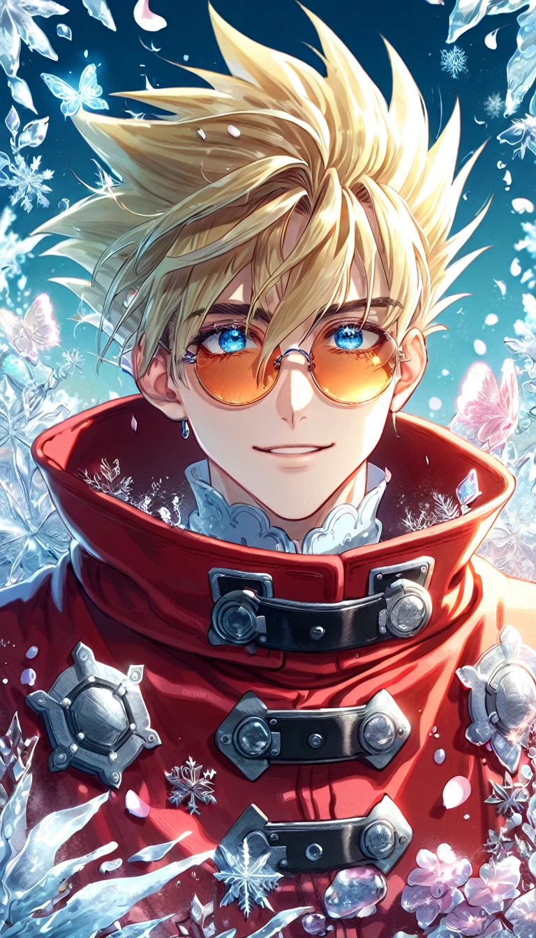 Ultra detailed, HDR, Highres, absurdres, master piece, Vash Stampede, blonde spiked hair, expressive blue eyes, amber round sunglasses, red trench coat, Trigun, handsome, ice glittering butterflies, ice, petals, ice pink glass flowers, glittering, fantasy, magical, snowflakes, cold, handsome smile, solo,