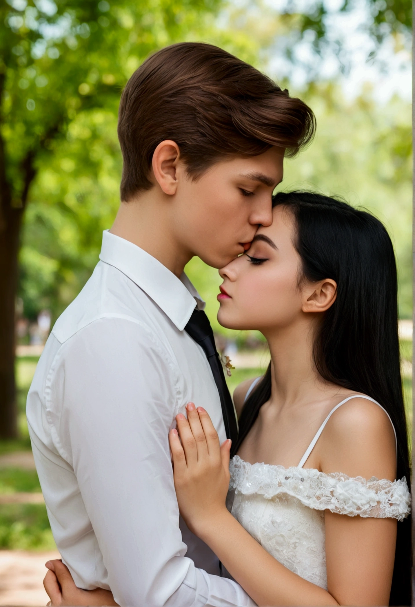 a brown-haired boy kisses a black-haired girl on the forehead. park