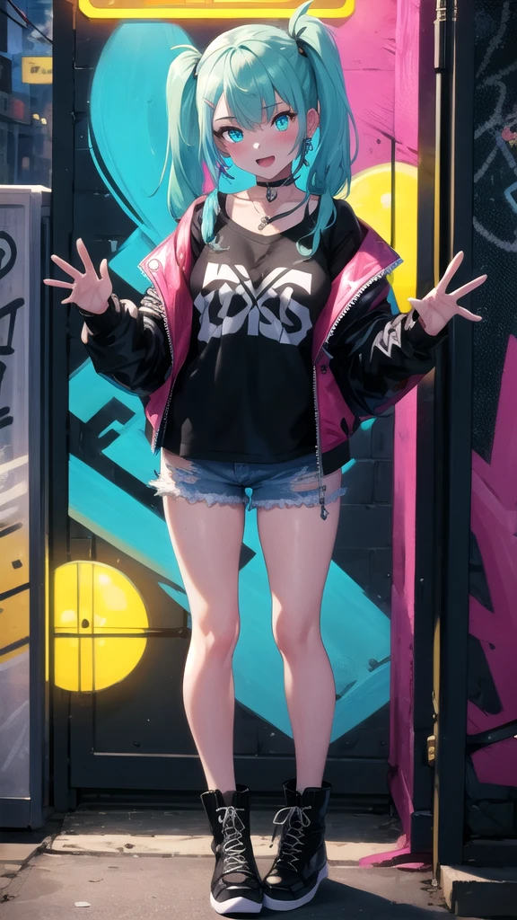 (8K, best quality, master piece: 1.2),super high resolution,1 girl, solo, full body ,ultra-detailed face, blush, Rainbow hair, (Pigtails:1.3), thin hair clip, cyan colorshift eyes, expressive eyes, collarbone, Ecstatic expression, She is wearing a stylish bomber jacket with bold graphic designs, paired with ripped jeans and combat boots, chunky jewelry, She stands in a bustling city street at night, with vibrant neon signs and graffiti-covered walls as the backdrop.