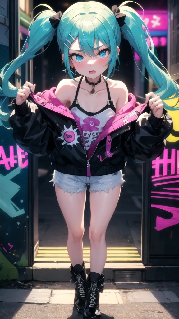(8K, best quality, master piece: 1.2),super high resolution,1 girl, solo, full body ,ultra-detailed face, blush, Rainbow hair, (Pigtails:1.3), thin hair clip, cyan colorshift eyes, expressive eyes, collarbone, Ecstatic expression, She is wearing a stylish bomber jacket with bold graphic designs, paired with ripped jeans and combat boots, chunky jewelry, She stands in a bustling city street at night, with vibrant neon signs and graffiti-covered walls as the backdrop.