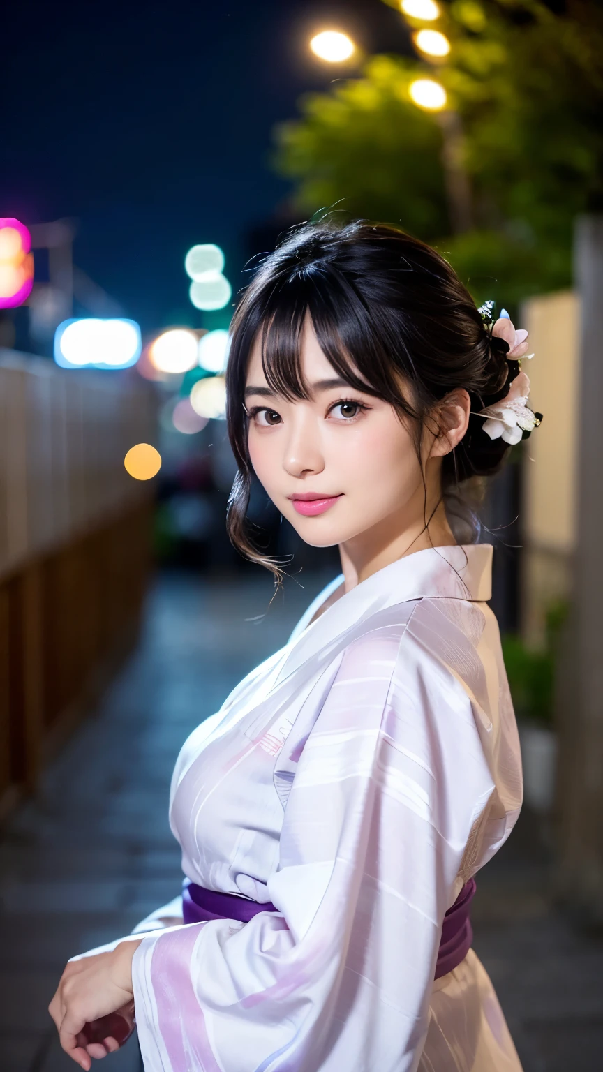 (logo、masterpiece、8k、Tabletop、RAW Photos、wonderful、最high quality、フォトリアリスティックでVery detailedな CG 複合 8k 壁紙、high quality、Very detailed、Narrative poem、Particle Effects、Dynamic Effects、Depth of the Boundary、Cinematic Light、Lens flare、Ray Tracing）、 (One beautiful woman wearing a yukata、White yukata、Light purple pattern)、Black-haired、High definition skin、Very fine、Fine skin texture、Beautiful Face、True Face、Beautiful details in the eyes、Realistic eyes、Beautifully detailed eyes、Realistic Skin、Beautiful Skin、Surreal、Smiling Eyes、Hair and light eyes、vivid、Colorful lights and bokeh、plump lower lip、Pink Lips、Hair flutters in Wind、Hair bounces、wonderful景色、night、evening、Wind、moonlight、moonlight、light