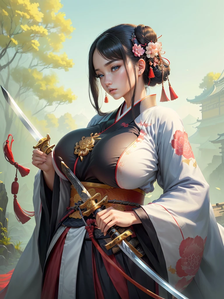 (arafed image of a woman in a kimono with a sword), inspired by Li Mei-shu, she is holding a katana sword, inspired by Cao Zhibai, inspired by Ju Lian, inspired by Guan Daosheng, inspired by Wu Zuoren, inspired by Zhao Yuan, inspired by Zhao Mengfu, beautiful character painting, Highly detailed CG unit 8k wallpaper, masterpiece, High resolution, highest quality, highest quality real texture skin, Super Real, Digital Painting, Best image quality, 最High resolution, 8k, ((Highly detailed eyes and face, Beautiful eyes every detail)), Big Breasts, Cleavage, profile, dark persona, (((Saggy breasts, Gravity-dependent breasts, long chest, Heavy chest, ))), ((disproportionate breasts, huge breasts, sagging breasts, gigantic breasts, erect nipple,)),