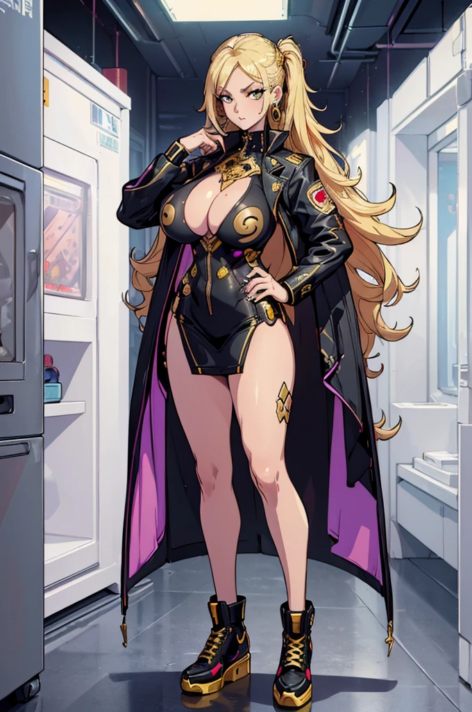 (masterpiece, best quality, high resolution,((huge breasts))1 beautiful woman,very long blonde hair, cyberpunk-style gold business clothes, earrings, cocky posture, gold shoes, full-length (white background, stickers. Redmond ), ((full body standing)),
