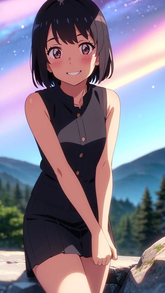 shinkai makoto, kimi no na wa., 1girl, bangs, black hair, blush, expressive eyes, brown eyes, perfect face, looking at the viewer, sleeveless dress, skirt, short hair, solo, outdoors, shinny skin, smile, cute, grin, night sky, mountains, rocks, (masterpiece), best quality