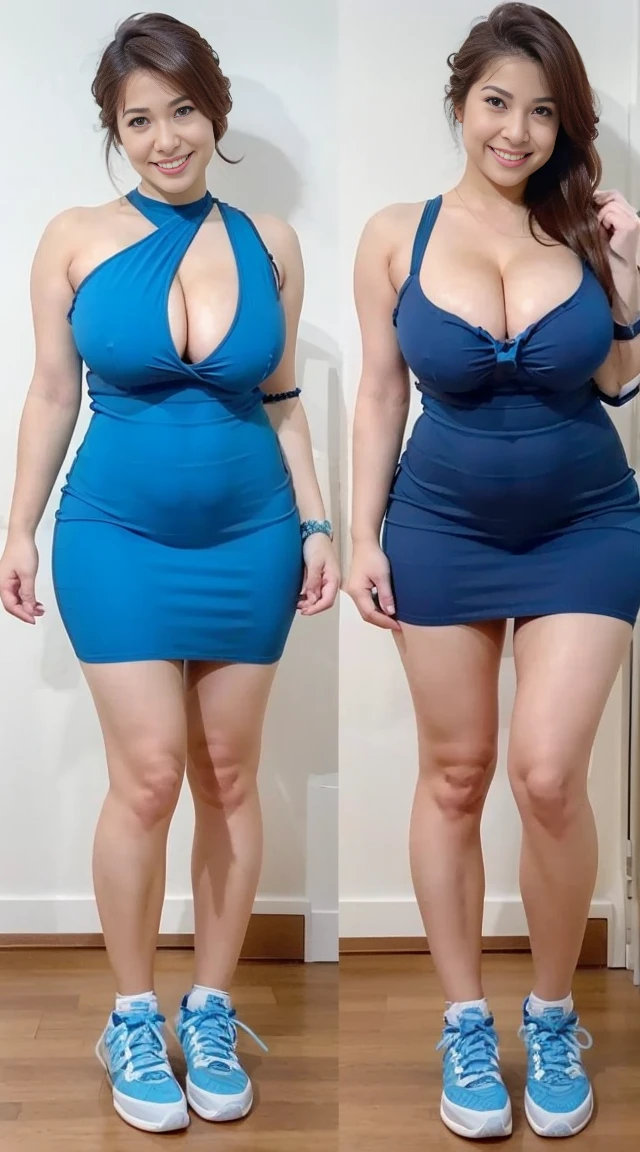 white background,((full body shot:1.2)), (normal breasts:0.2),((exposed cleavage)), gigantic hips, fair skin, wearing blue One Shoulder Ruched Bodycon Dress, sport shoes, beautiful woman, smile, eyelashes, highly detailed face, MILF, sexy pose