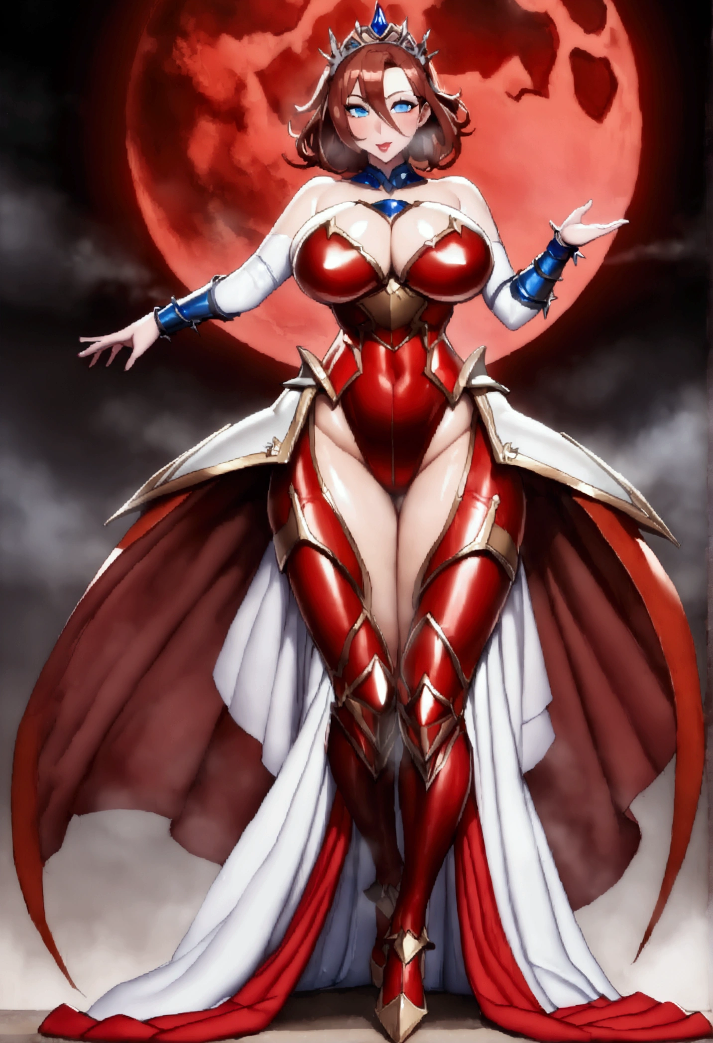 長い髪のbeautifulアニメ風の美女, (((Reddish brown hair)))Sharp short hair,(((Highest quality)))Transparent Hair,Face of fun,(((blue eyes)))Beautiful woman full of pleasure,(((A well-defined, glamorous body)))((Huge bust))Tight waist,(((Shiny white and red strapless leotard armor))),Overskirt,(((The Radical Princess)))Clothes that expose the chest and thighs,spike bracelet,Tiara(((beautiful)))Fair skin,(((Rin々Standing in a cool pose)))Full Body Shot,(((background)))wood,fog,Red Moon,Mysterious flower,Abandoned Castle。