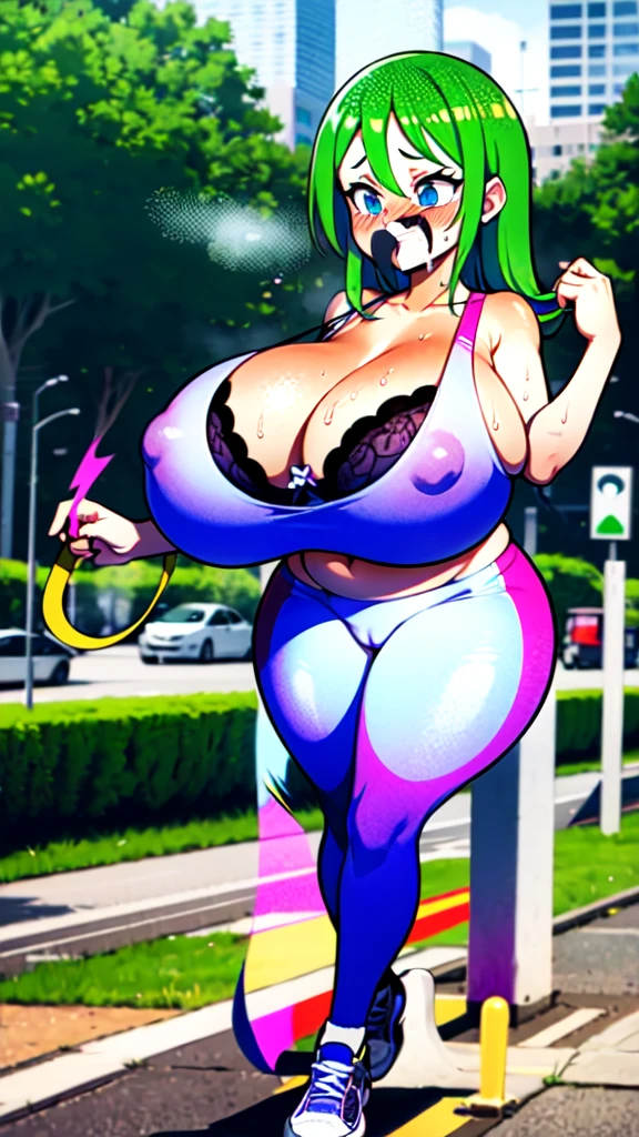 1 woman, Mature woman, running on track, jiggle physics, tight clothing, green hair, long hair, long gorgeous hair, running, sweating, steaming, blushing, morning time, morning, urban park, small white bra, short leggings(random color), white bra, short leggings(random color), white & pink shoes, high definition, 4k HD, plump body, wide hips, ginormous breasts, oppai ratio, blump butt, juicy breasts, flat stomach, juicy legs, clear picture
